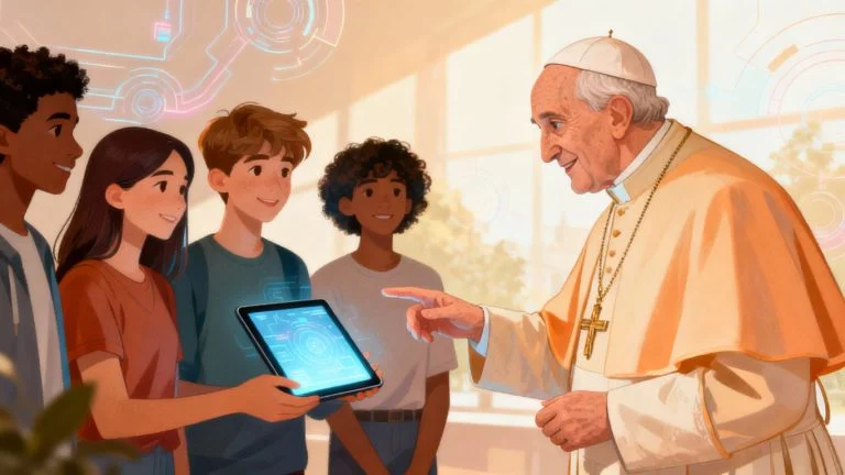 Pope Leo XIV with youth discussing technology and faith.