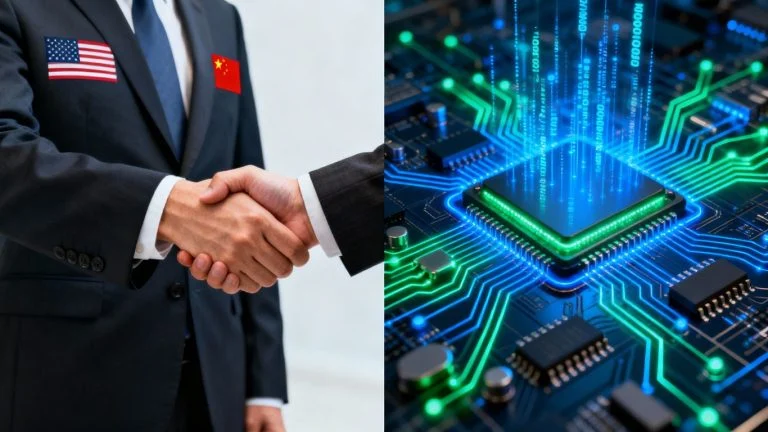 US and China handshake with tech circuitry background.