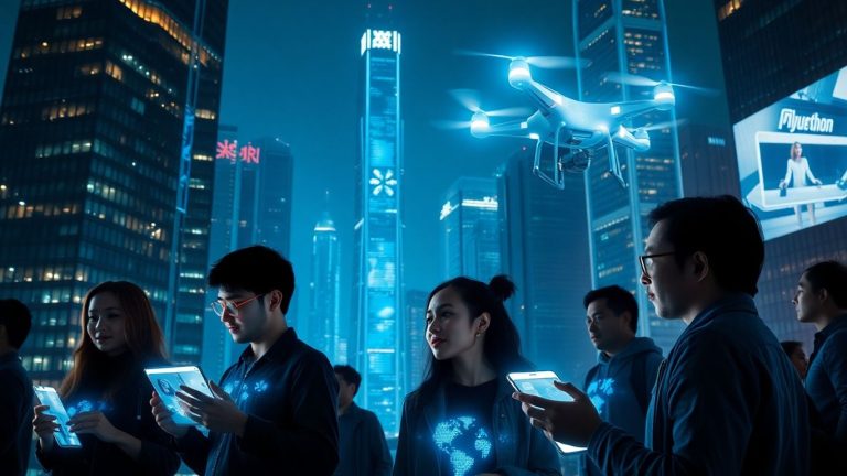 Futuristic cityscape with holographic interfaces and drones.