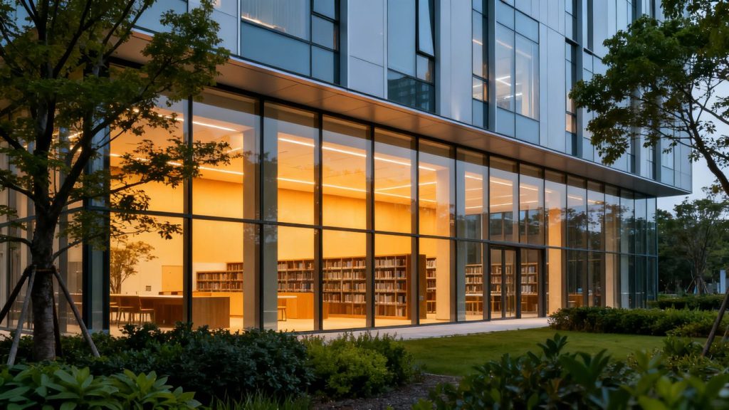 UCI Law building facade with windows and greenery.