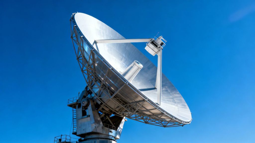 NASA Goddard Center satellite dish against blue sky.
