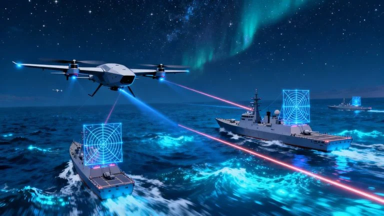Modern military drones and naval vessels in the Indo-Pacific.