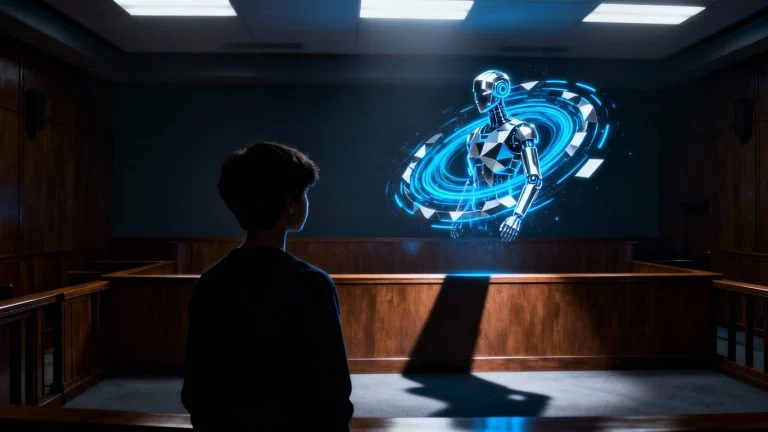 Courtroom with AI silhouette, legal battle over ChatGPT.