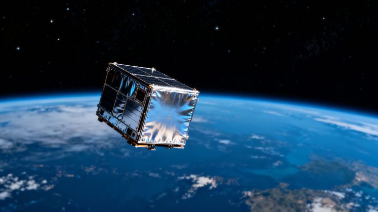 Small satellite in space near Earth.