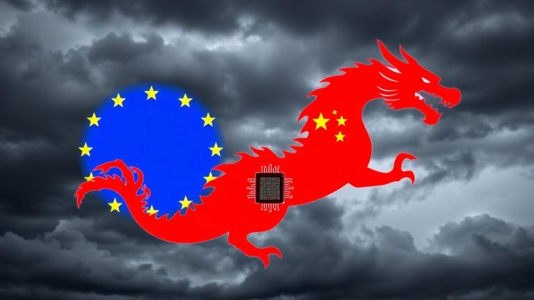 EU flag and Chinese dragon with microchip.