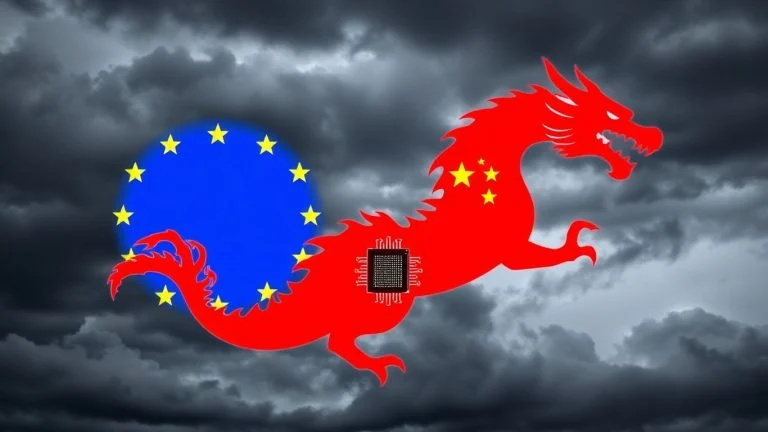 EU flag and Chinese dragon with microchip.