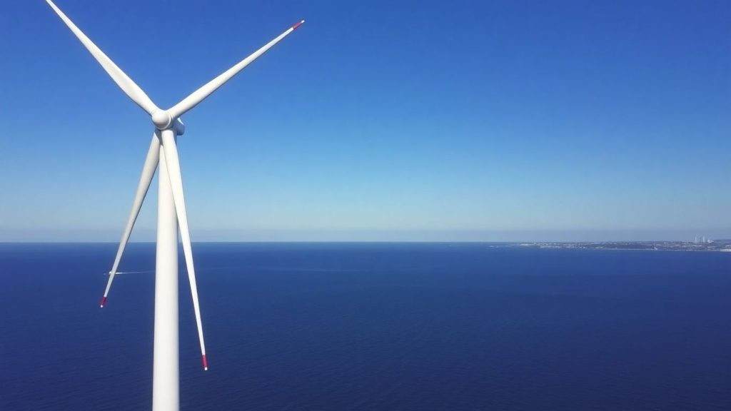 Offshore wind turbine at sea near coast.