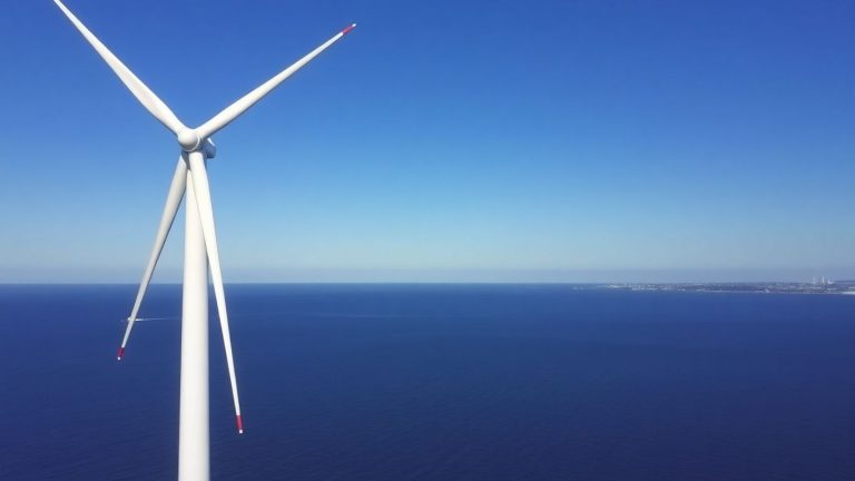 Offshore wind turbine at sea near coast.