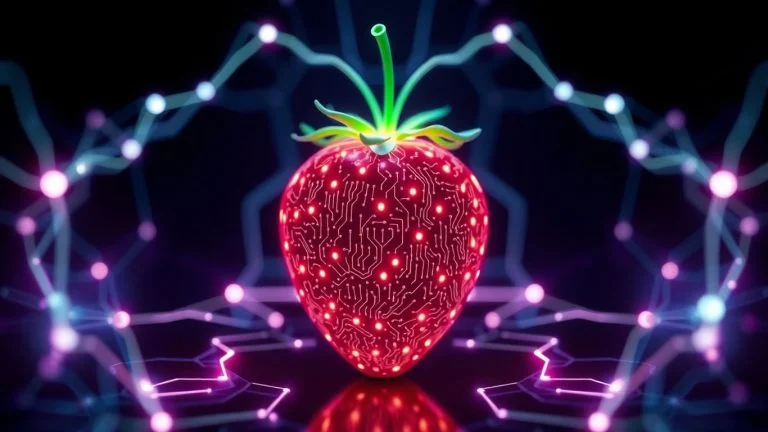 Glowing strawberry with AI neural network patterns.