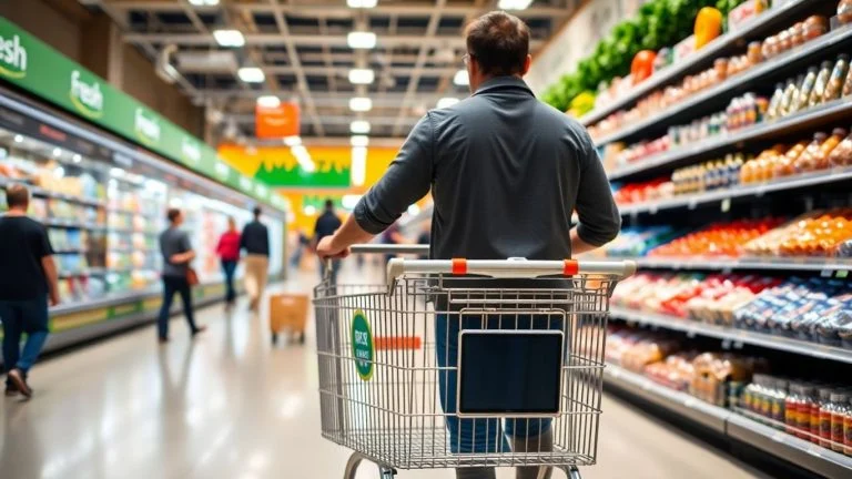 Smart shopping cart in Amazon Fresh grocery store.