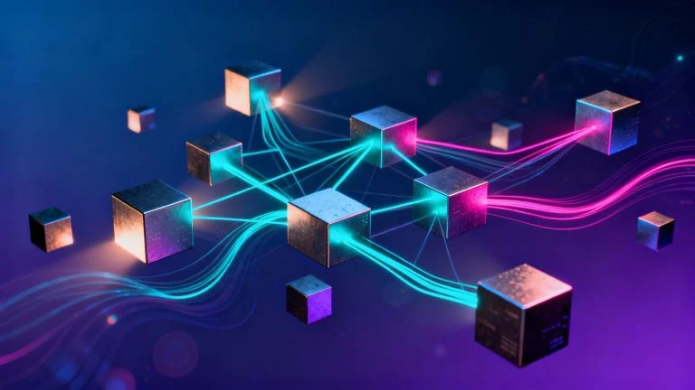 Interconnected digital blocks forming a secure network.