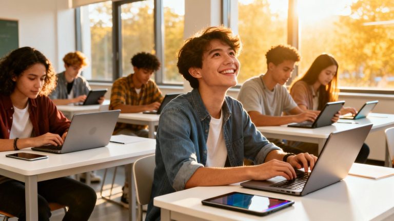 Students using technology in a modern classroom setting.