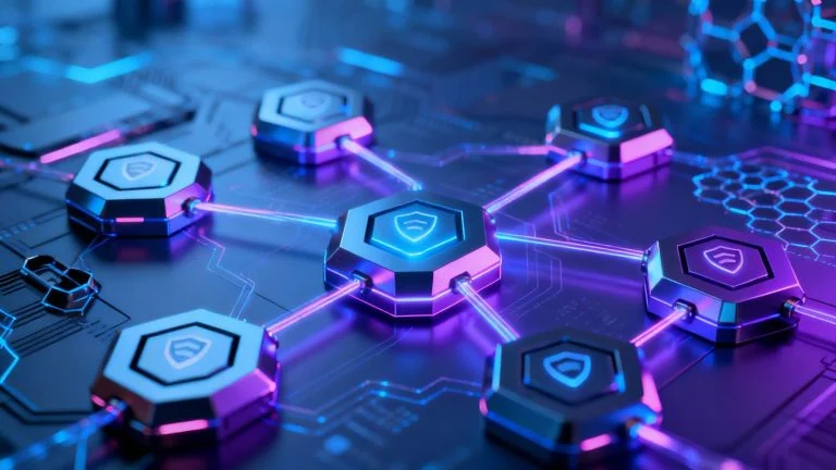 Blockchain and IoT devices interconnected securely.