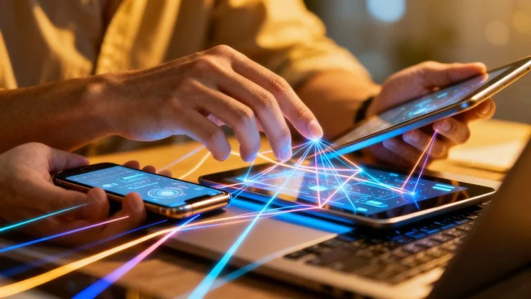 Hands interacting with glowing digital interfaces and light trails.