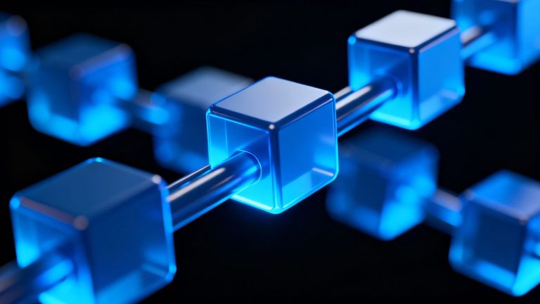 Interconnected digital blocks forming a glowing chain.