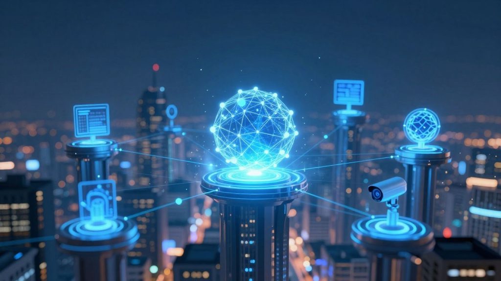 Blockchain connecting IoT devices in a futuristic city.