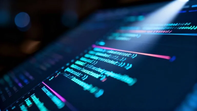 Digital screen with glowing code patterns