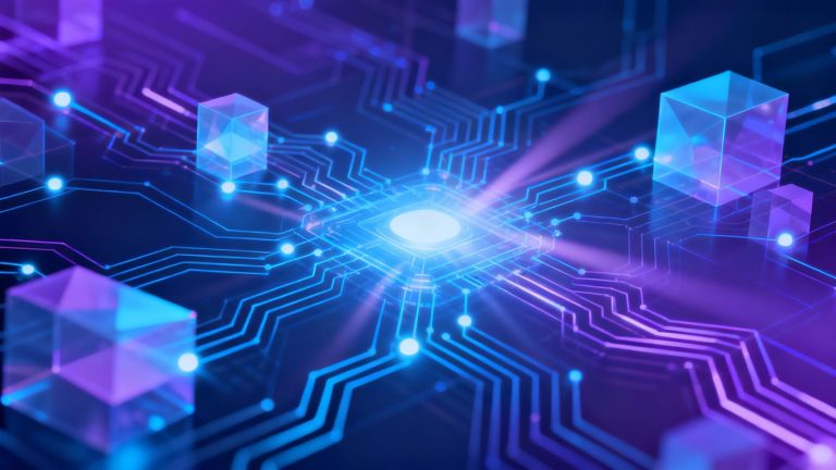 Futuristic digital landscape with glowing interconnected nodes.