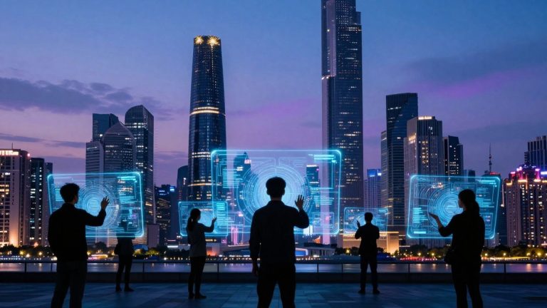 Modern cityscape with digital connections and holographic interfaces.