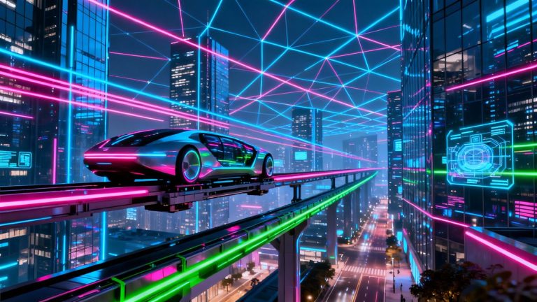 Futuristic cityscape with glowing data streams and aerial vehicles.