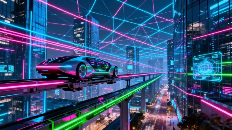 Futuristic cityscape with glowing data streams and aerial vehicles.