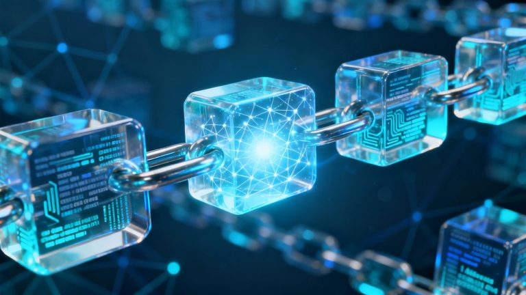 Digital ledger blocks forming a decentralized chain.