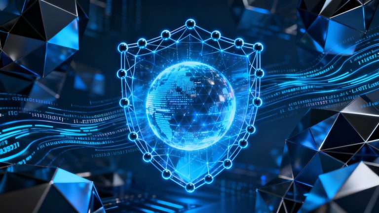 Digital shield protecting data sphere with blockchain nodes.