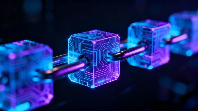 Interconnected digital blocks forming a glowing chain.