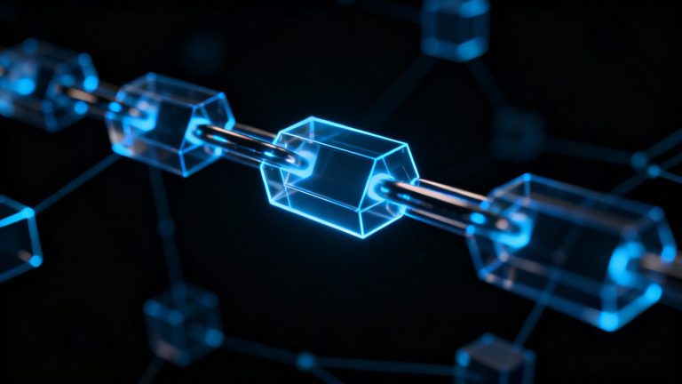 Interconnected digital blocks forming a glowing chain.