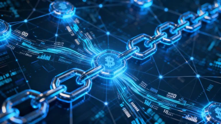 Blockchain network with glowing nodes and data streams.