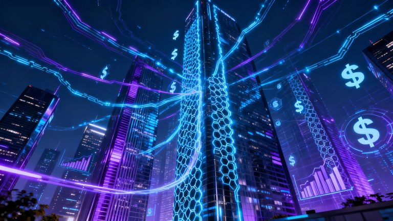 Futuristic finance cityscape with blockchain connections.