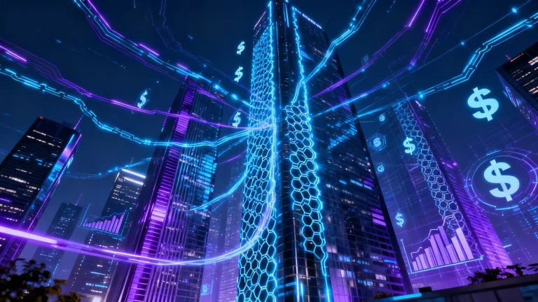 Futuristic finance cityscape with blockchain connections.