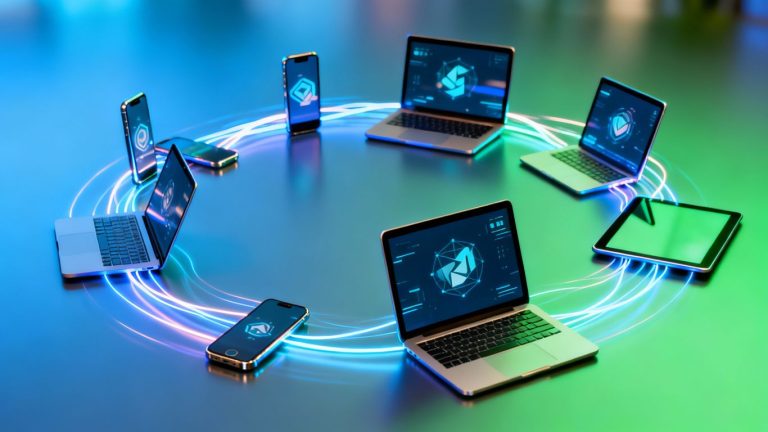 Interconnected digital devices showing global technology and communication.