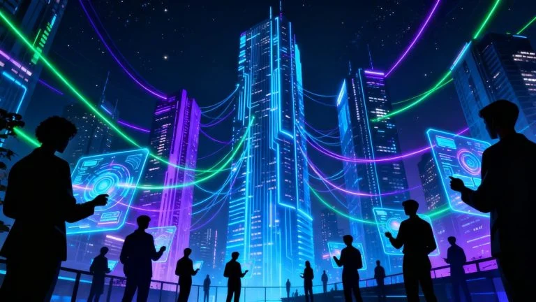 Futuristic cityscape with glowing digital streams and people interacting with holograms.