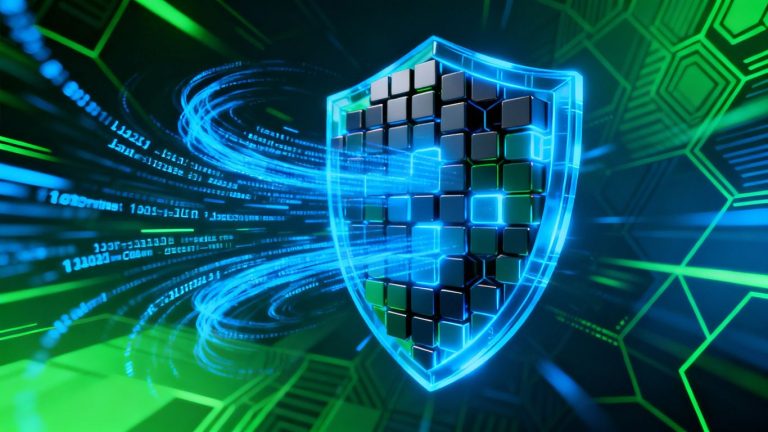 Cybersecurity and blockchain protecting digital data.