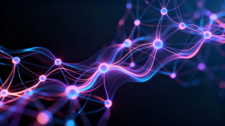 Futuristic AI neural network interface glowing brightly.