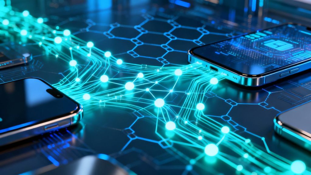 Blockchain and IoT devices interconnected in a futuristic city.