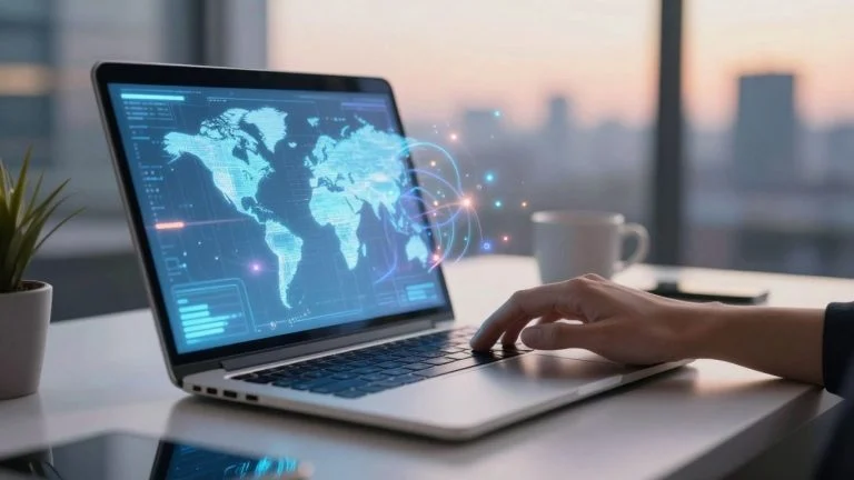 AI writing tools guide with futuristic desk setup.