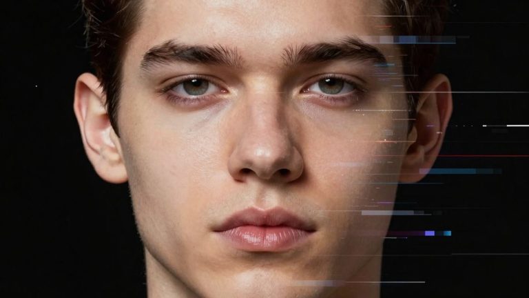 AI altering a human face, digital deception concept.