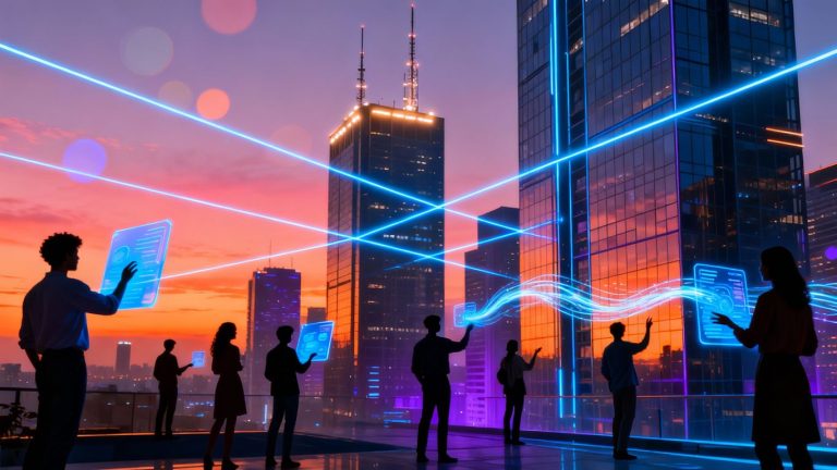 Connected cityscape with people and technology.