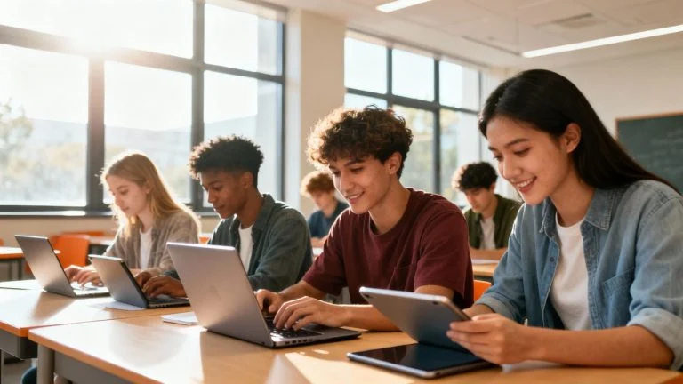Students using laptops and tablets in a modern classroom.
