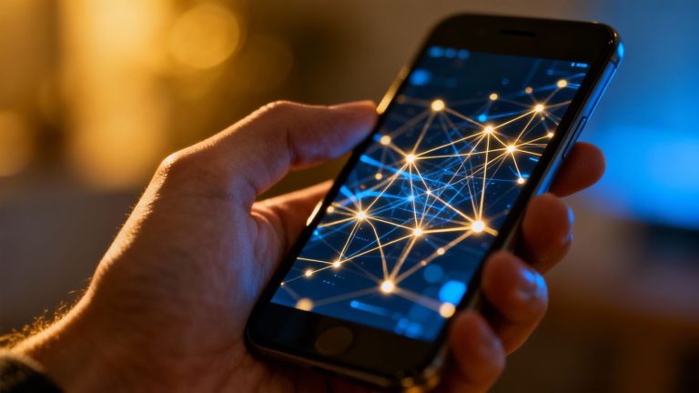 Hand holding phone with blockchain network interface.