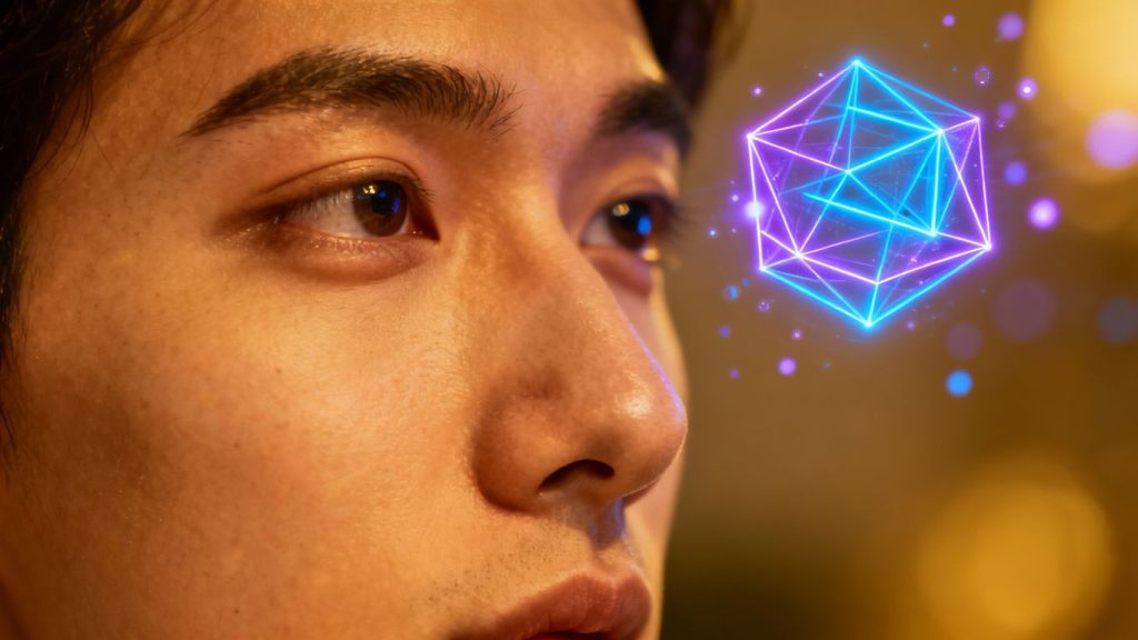 Person talking to a glowing AI interface.