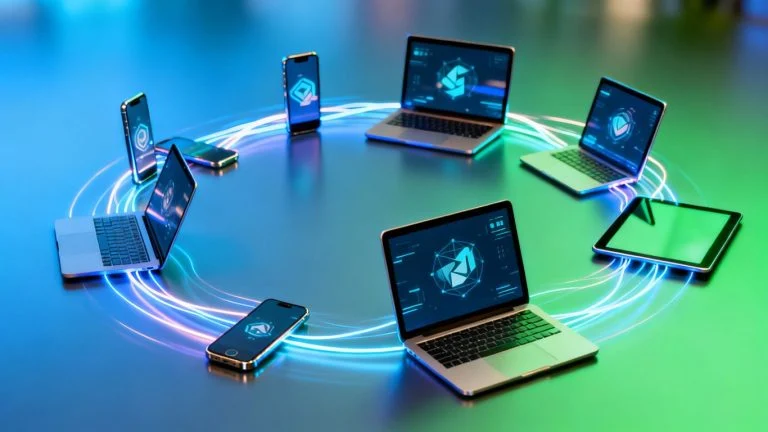 Interconnected digital devices showing global technology and communication.