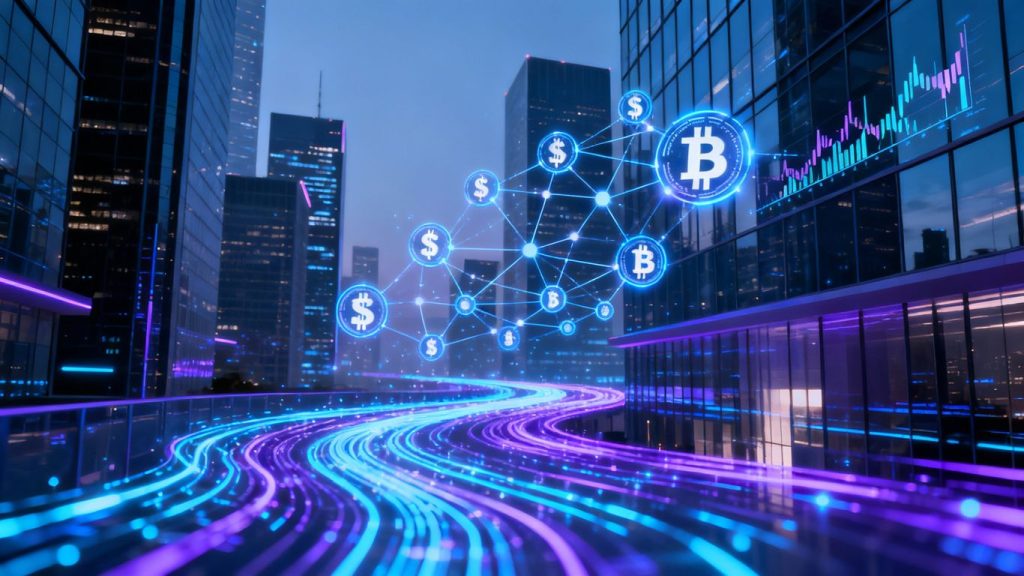 Futuristic finance with blockchain and digital streams.