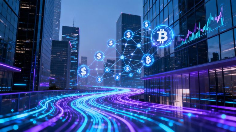 Futuristic finance with blockchain and digital streams.