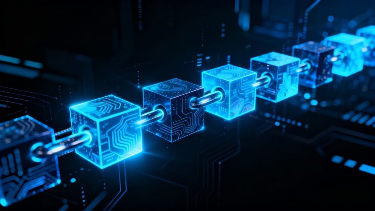 Interconnected digital blocks forming a glowing chain.