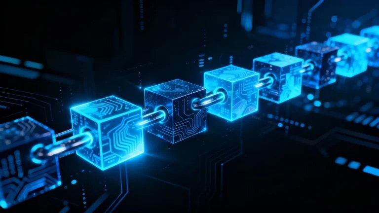 Interconnected digital blocks forming a glowing chain.