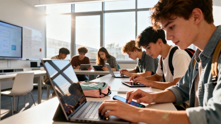 Students using laptops and tablets in a modern classroom.
