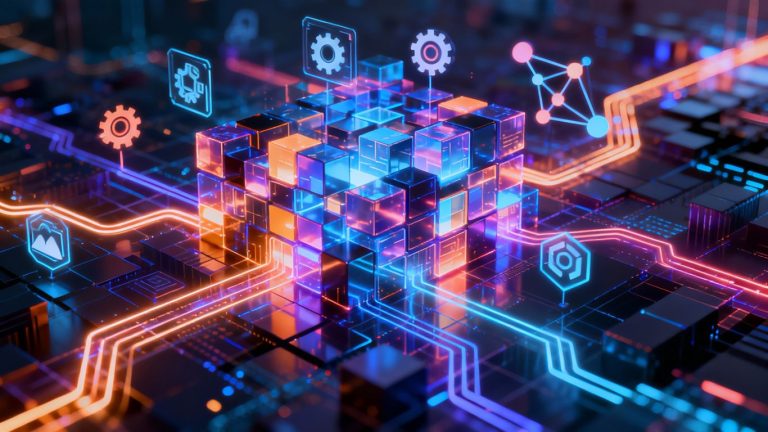 Abstract blockchain network with diverse application icons.